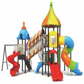 Huitich colorful kids outdoor playset with swings and slides featuring spiral tube slide and twin wave slides